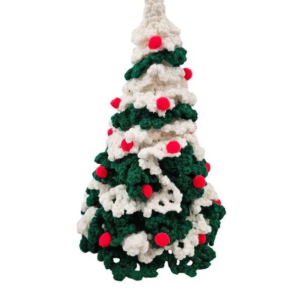 Vintage Crochet Christmas Tree Gree White Yarn Hand Crafted Tree Topper Decor - Picture 3 of 10